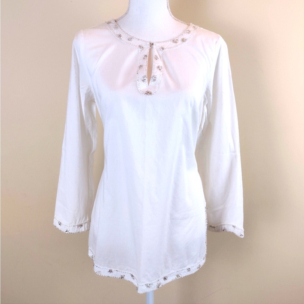 Reba White Beaded Accent Tunic Sz PL
